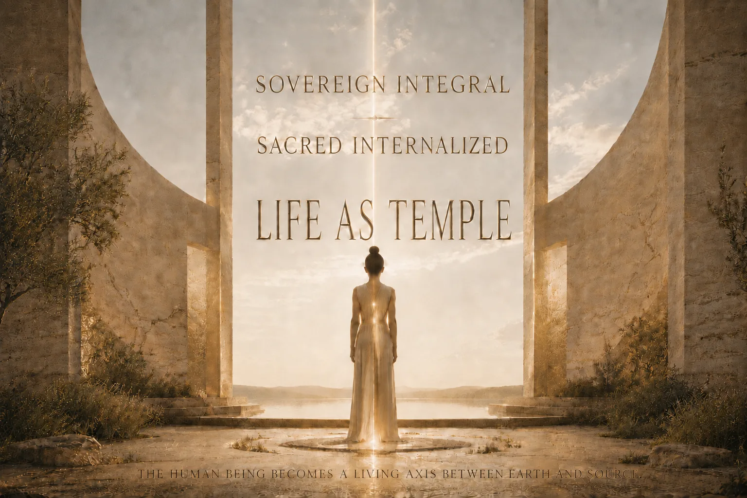 A person stands within an open gate, centered on an inner axis