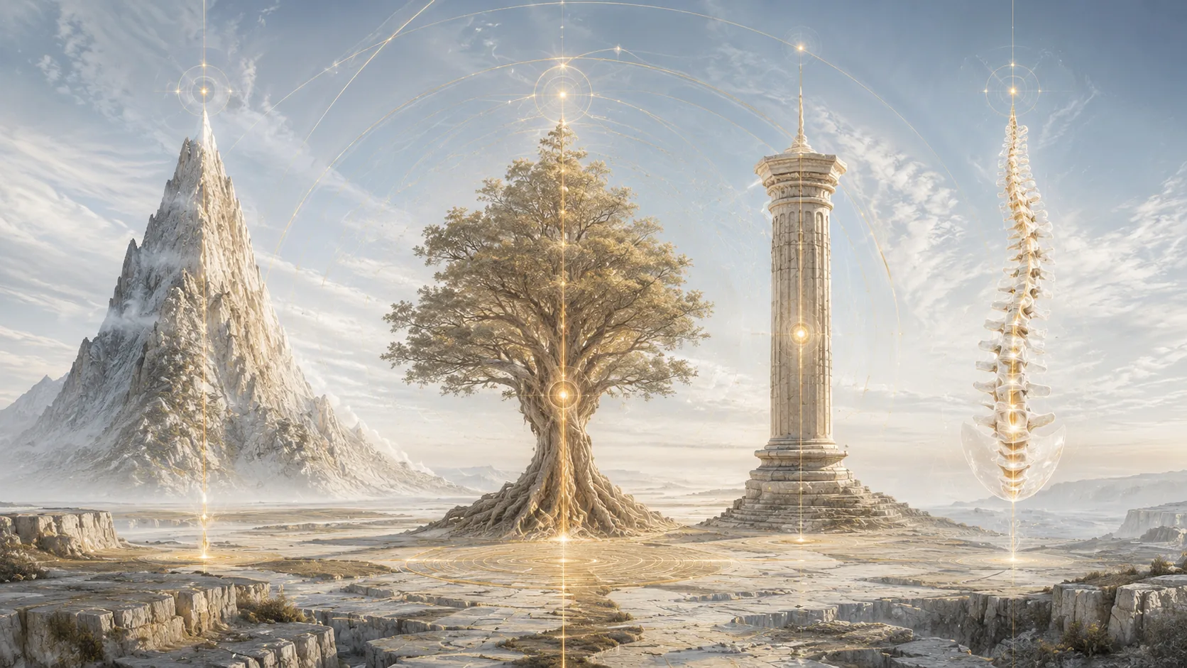 The axis appears as a sacred mountain, world tree, pillar, and spine