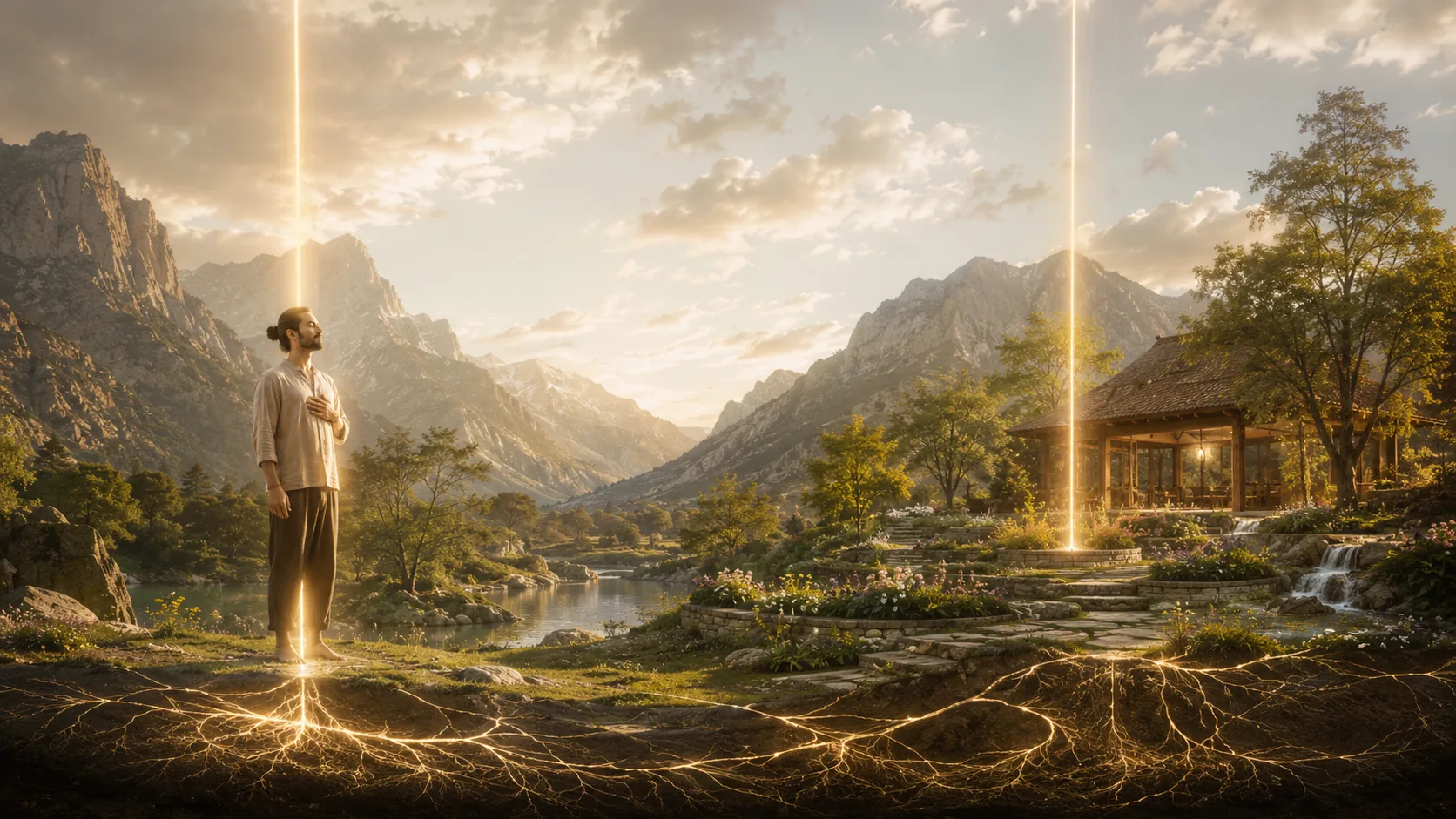 A person and a sanctuary each stand on their own axis in a connected landscape