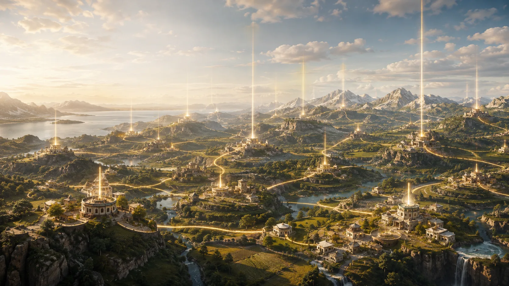 Distinct settlements are connected across a landscape, each with its own axis of light