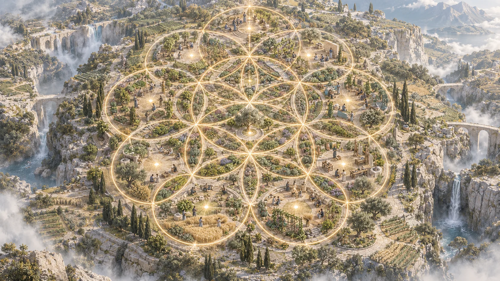 Whole circles with their own centers overlap into a shared pattern of gardens, craft and learning
