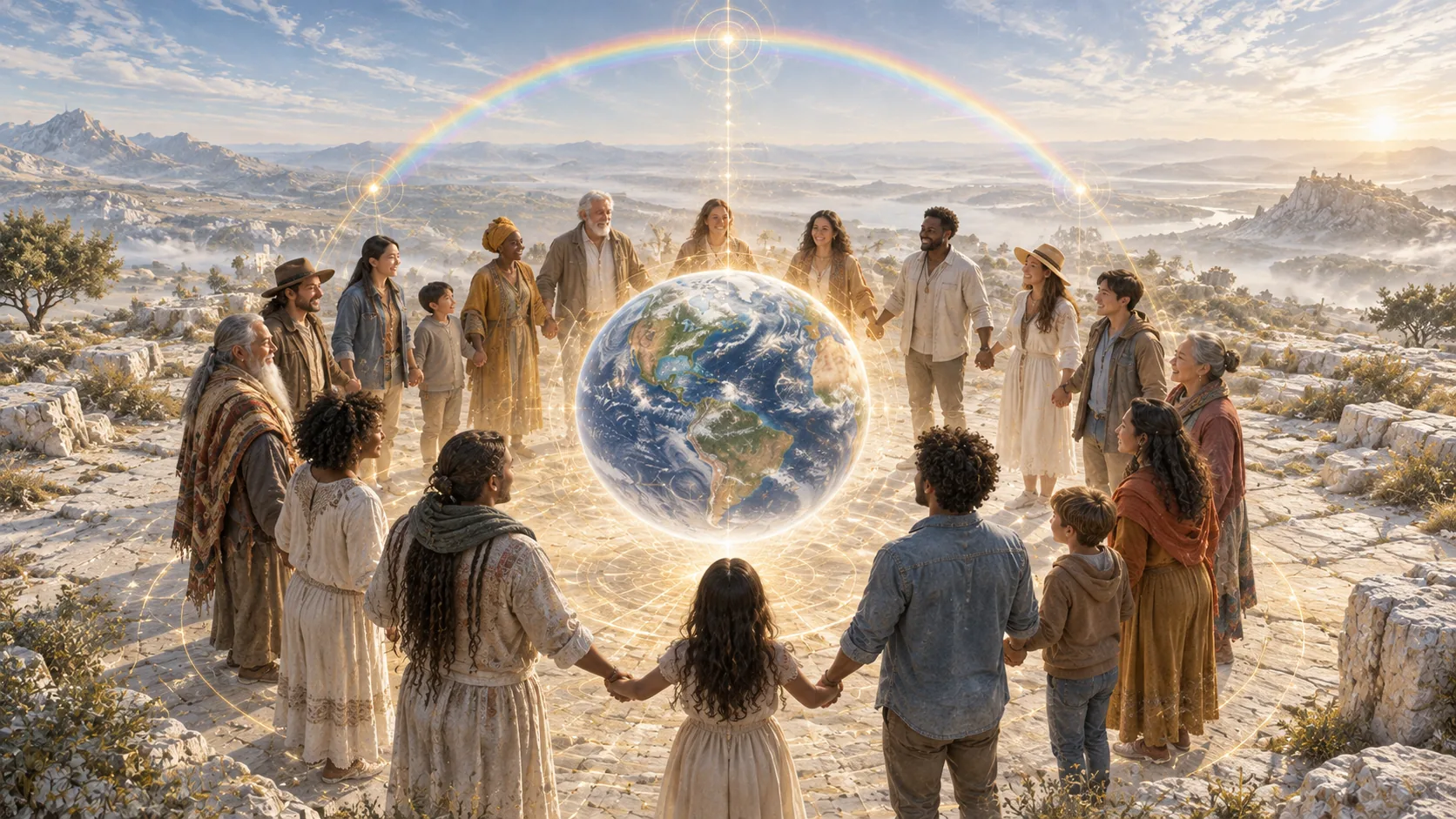 People from different walks of life gather around one Earth beneath a rainbow