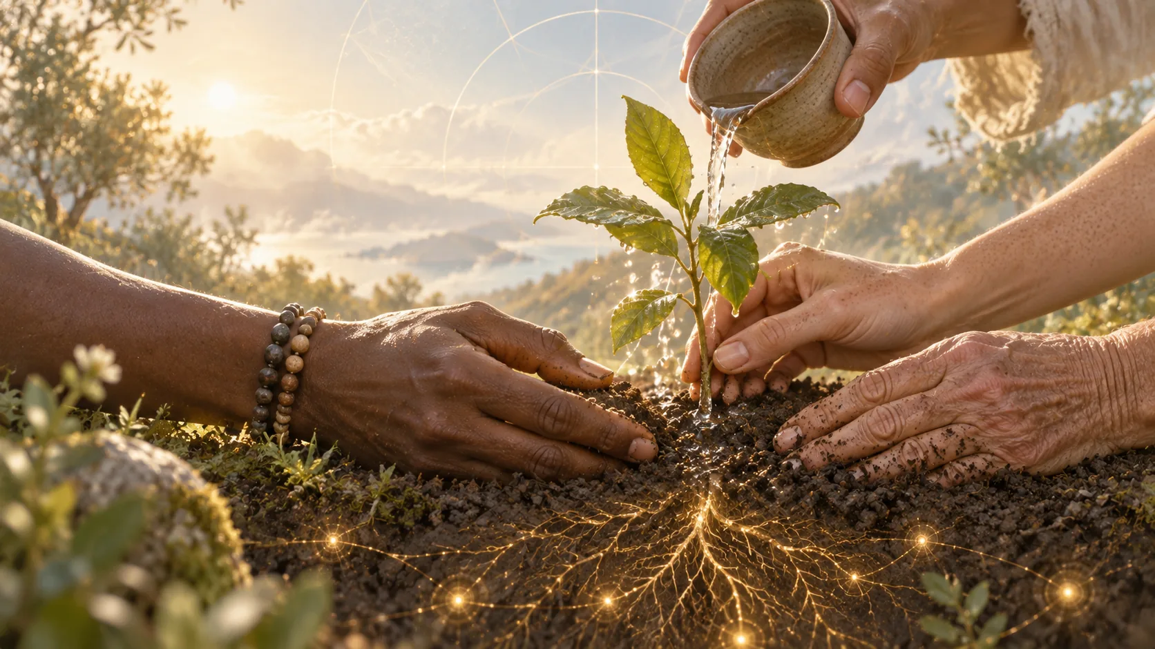 Different hands care for one young plant, supporting its growth in shared soil