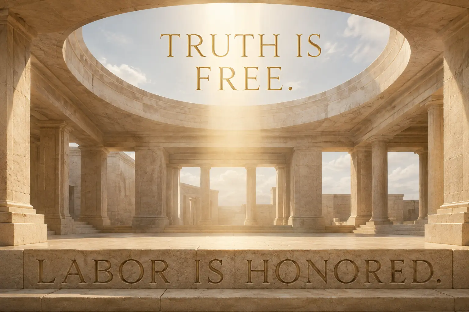 Truth is free. Labor is honored. The words frame an open, sunlit hall