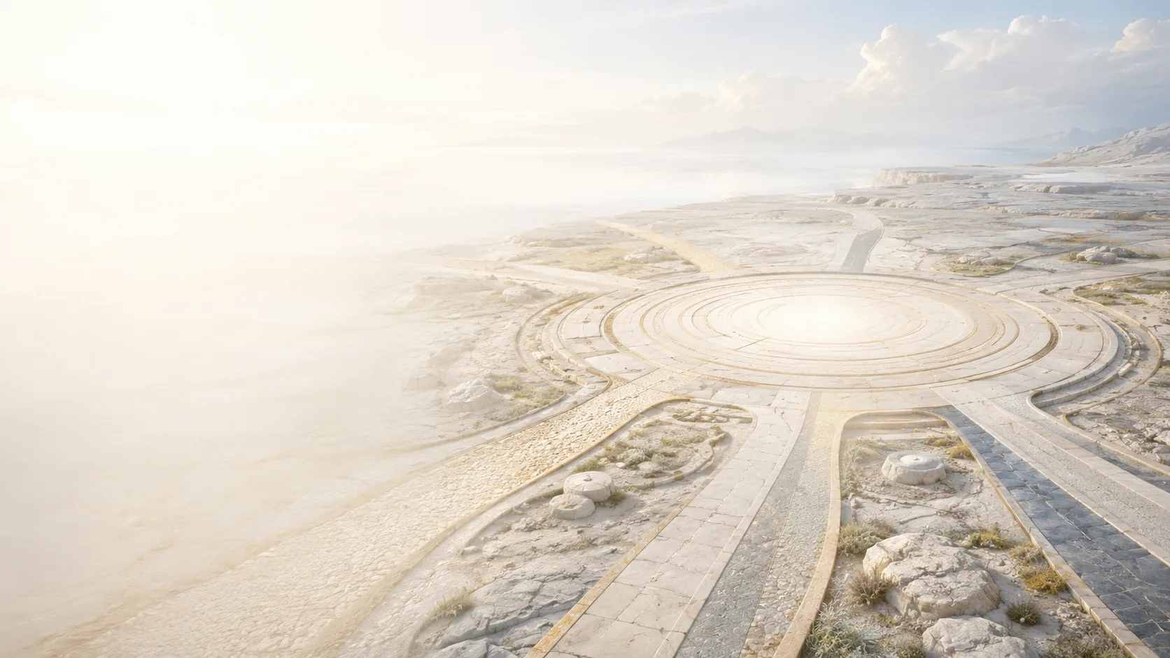 Paths from many directions meet in a shared circle