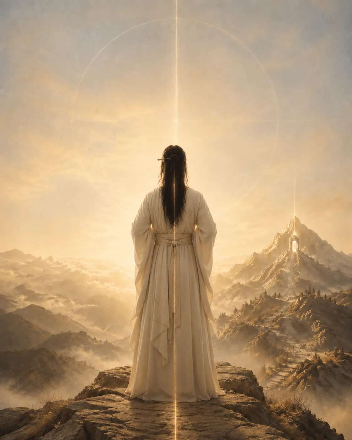 A human figure stands between mountain, earth, and sky