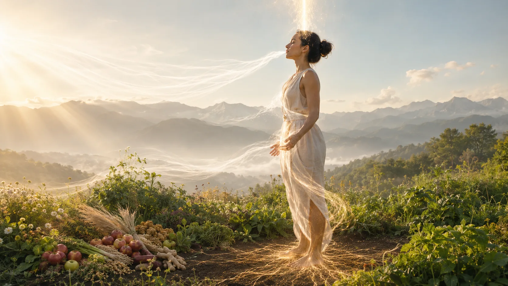 Sunlight, land, and nourishment surround a person in a meadow